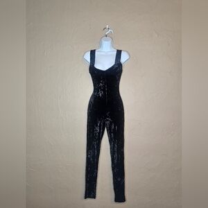 90s Black Stretch Velvet Jumpsuit